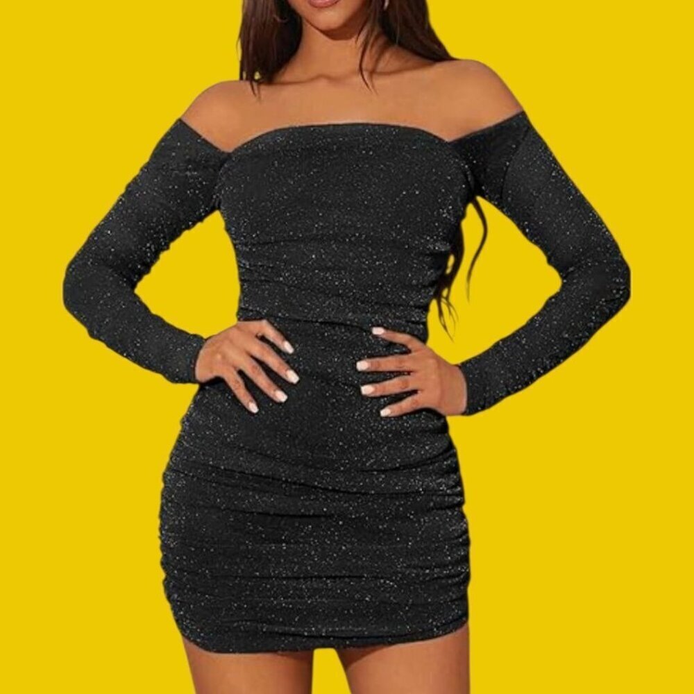 Moeencn Off-Shoulder Mesh Dress sparkly Square Collar Long Sleeve Ruched  Xlarge